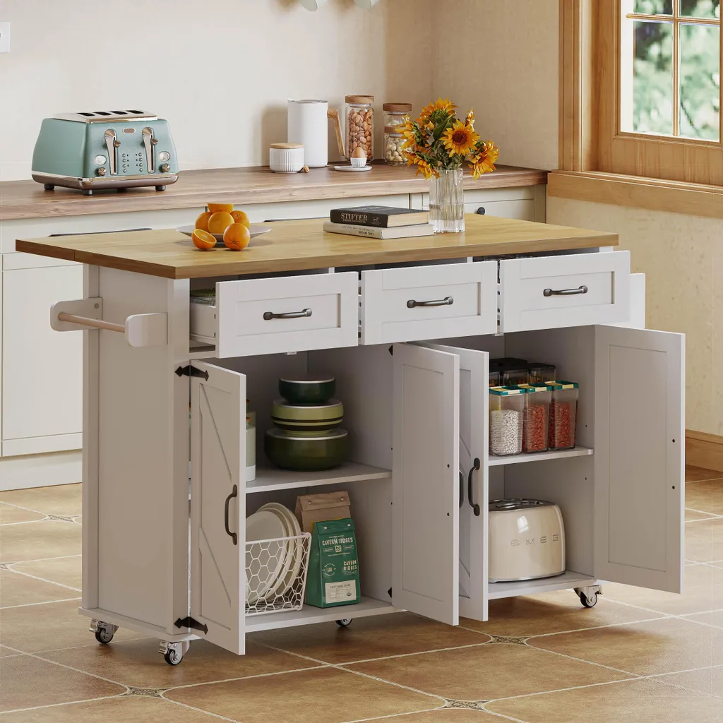 Îlot de Cuisine à Roulettes avec 3 Tiroirs et Plateau Bois Naturel 140cm