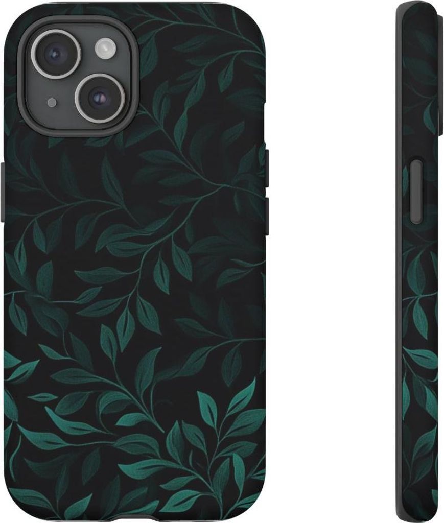 Schwarzes Design mit waldgrünem Blättermuster – Handyhülle Kompatibel mit iPhone 15