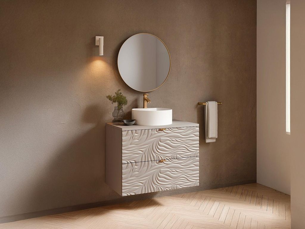Badezimmermöbel hängend strukturiert mit Aufsatzwaschbecken rund - Beige - 80 cm - RINAREL
