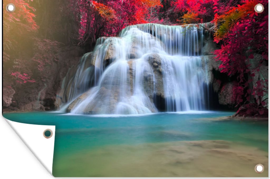 MuchoWow 120x80 cm Outdoor-Poster Gartendeko Sichtschutz Garten Poster für den Garten Wasserfall - Bäume - Rot - Landschaft - Natur