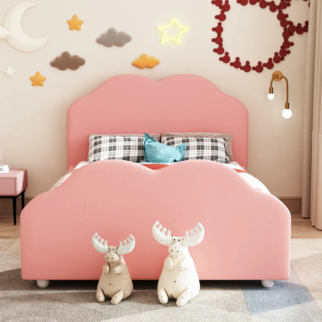 Lit Nuage Rose 90x200 en Bois et Velours avec Tête de Lit Rembourrée