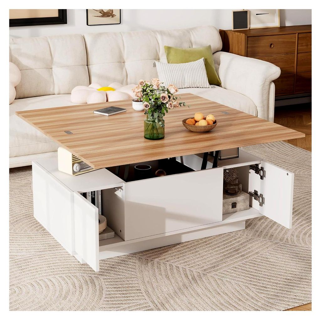 Moderner Couchtisch mit Doppel-Hebemechanismus, höhenverstellbar, versteckter Stauraum – belastbar bis 50 kg, 100x50x55,5 cm (Weiß + Holzfarbe)