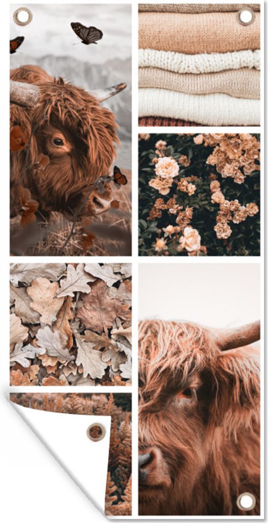 MuchoWow 30x60 cm Outdoor-Poster Gartendeko Sichtschutz Garten Poster für den Garten Schottischer Highlander - Collage - Blumen