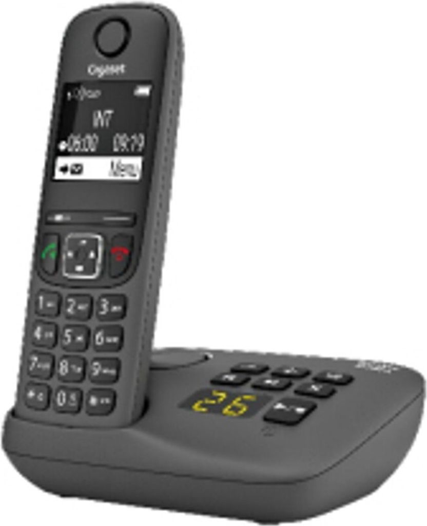 A cordless phone and its base are shown against a white background.