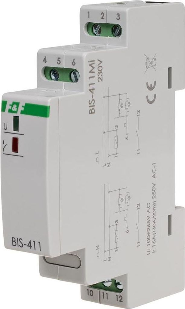 Bistabiles Relais mit Speicher, DIN-Schienenmontage, 230V, mit Einschaltrelais 160A/20ms BIS-411M-LED