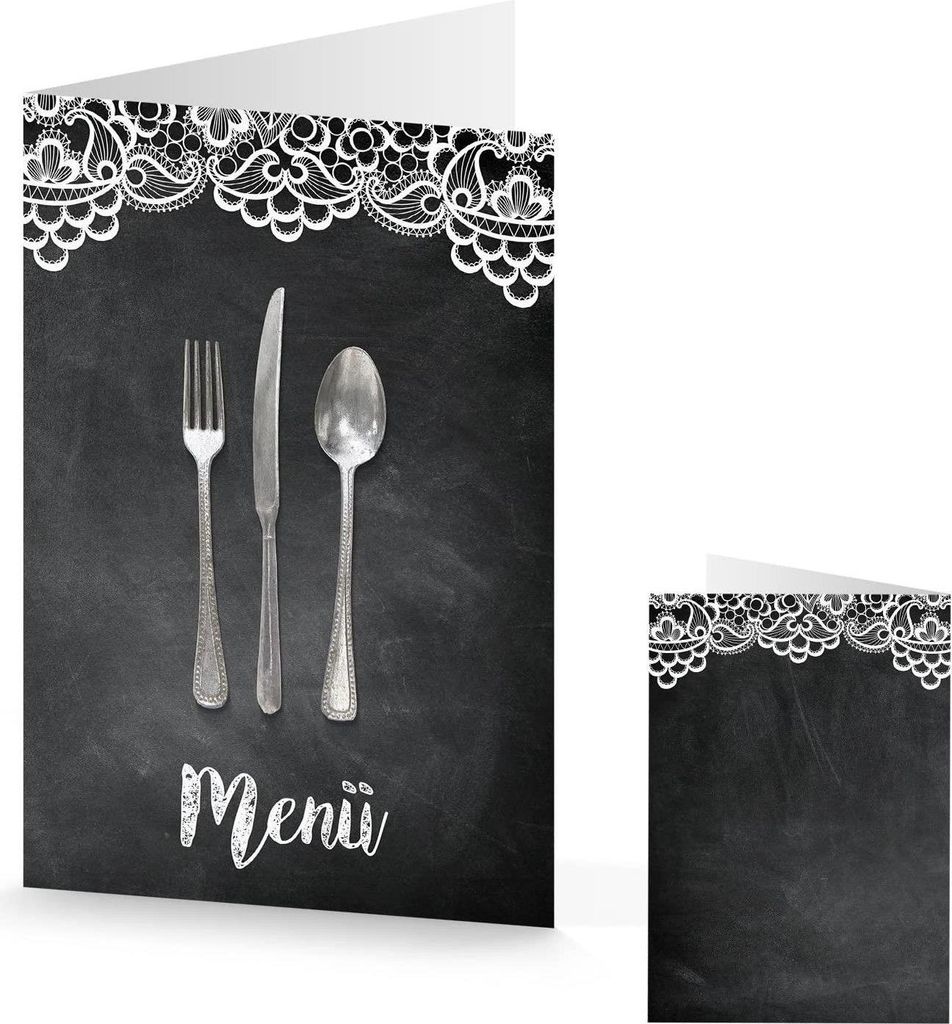 10 Stück Menükarte Speisekarte SPITZE schwarz weiß Karte MENÜ bedruckbar beschreibbar Besteck Tisch-Deko Hochzeit Geburtstag Tafelkreide vintag...
