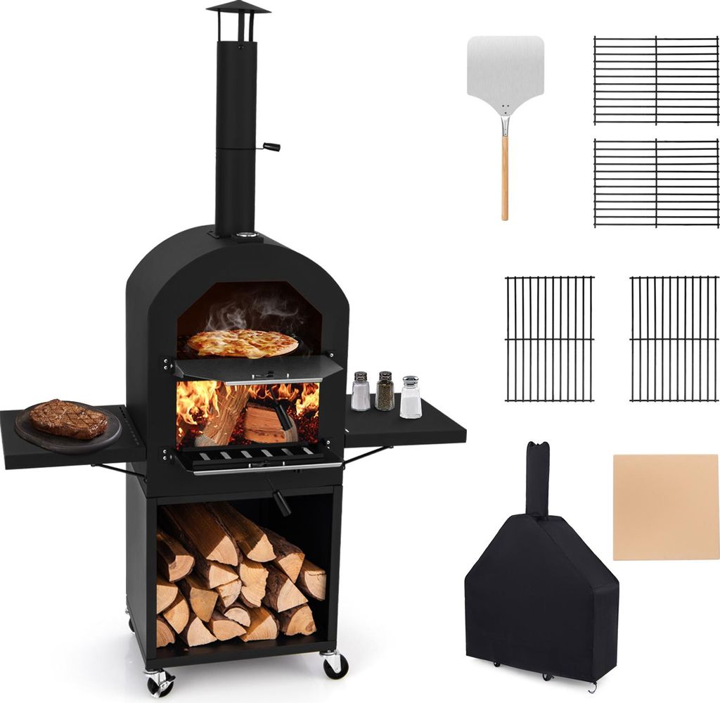 KOMFOTTEU Pizzaofen Outdoor mit 2 Schichten, tragbarer Holzofen mit Tragetasche, Pizzaschaufel, Rost, Thermometer, Pizza Backofen für Grill, Campi...