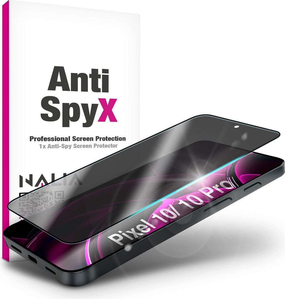 A screen protector for a Google Pixel phone is shown on top of the phone, with its packaging in the background.