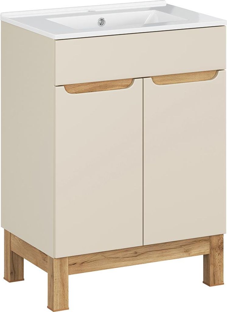 Badezimmer-Waschbeckenschrank mit 60 cm Breite in kaschmir mit Eiche, 2 Türen - SOLNA-56-CASHMERE