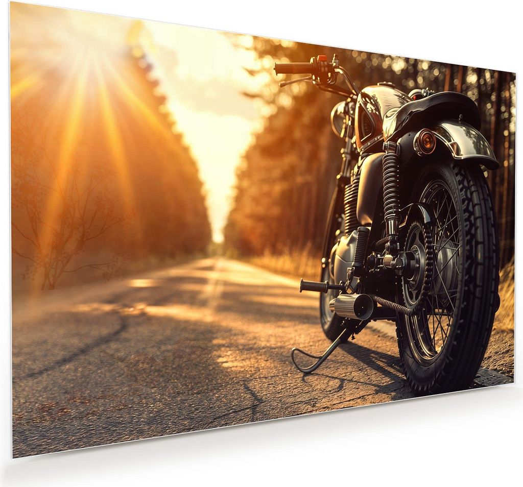 Glasbild 90x60cm in XXL für Wohnzimmer, Schlafzimmer Motiv Motorradsonne