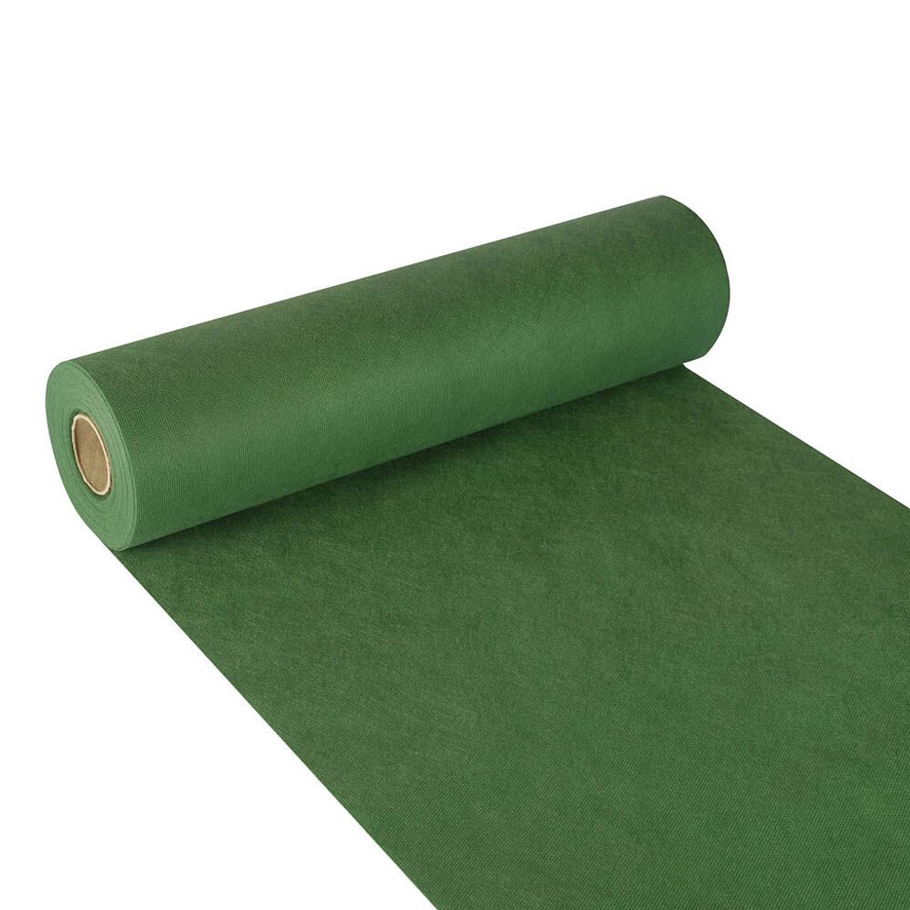 A roll of green fabric or paper is shown, unrolling diagonally across a white background.