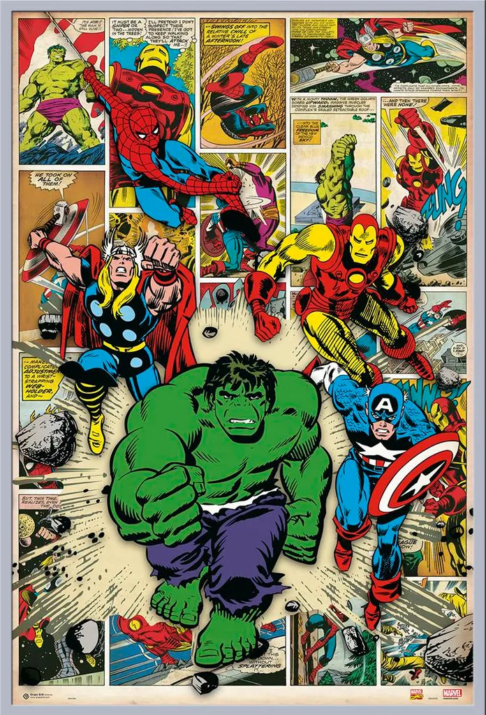 Affiche Marvel Here Come the Heroes avec Cadre Argenté Shinsuke 61x91