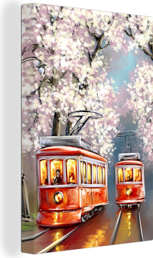 OneMillionCanvasses - Leinwandbilder - 90x140 cm, Gemälde - Ölgemälde - Straßenbahn - Blühender Baum, Wandbilder Kunstdruck Wanddekoration -...