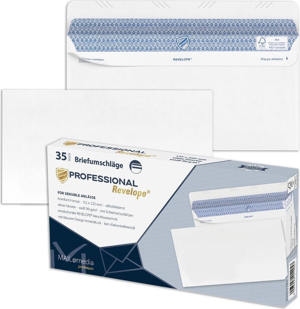 Briefumschläge Revelope DINlang 90g/qm haftklebend ohne Fenster weiß VE=26x35 Stück