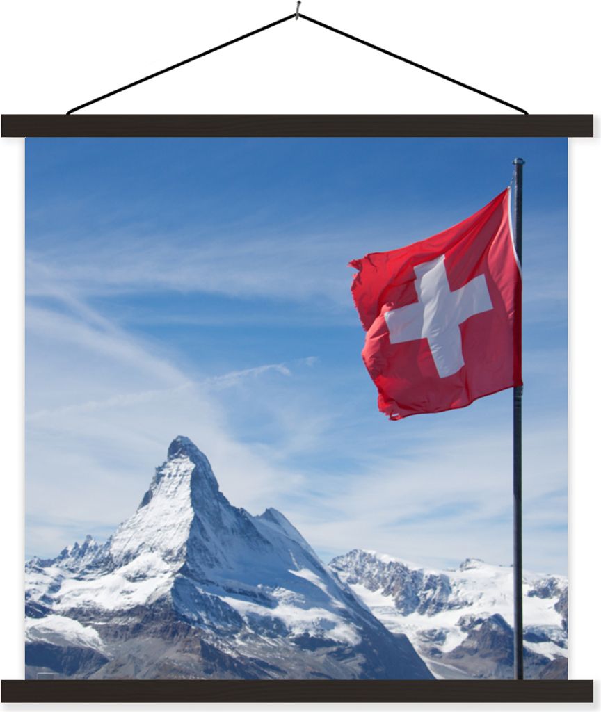 MuchoWow Textilposter Schweizer Flagge am Matterhorn in der Schweiz 120x120 cm mit schwarzem Rahmen - Aufhängungsset