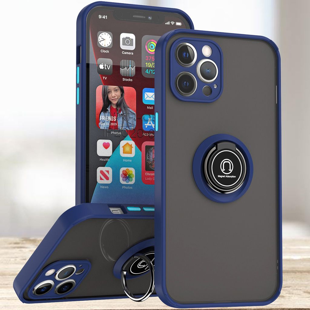 iPhone 12 Pro Hülle, Ring Halter Ständer Matte Transluzent TPU Rahmen Stoßfest Schutzhülle für iPhone 12 Pro Blau