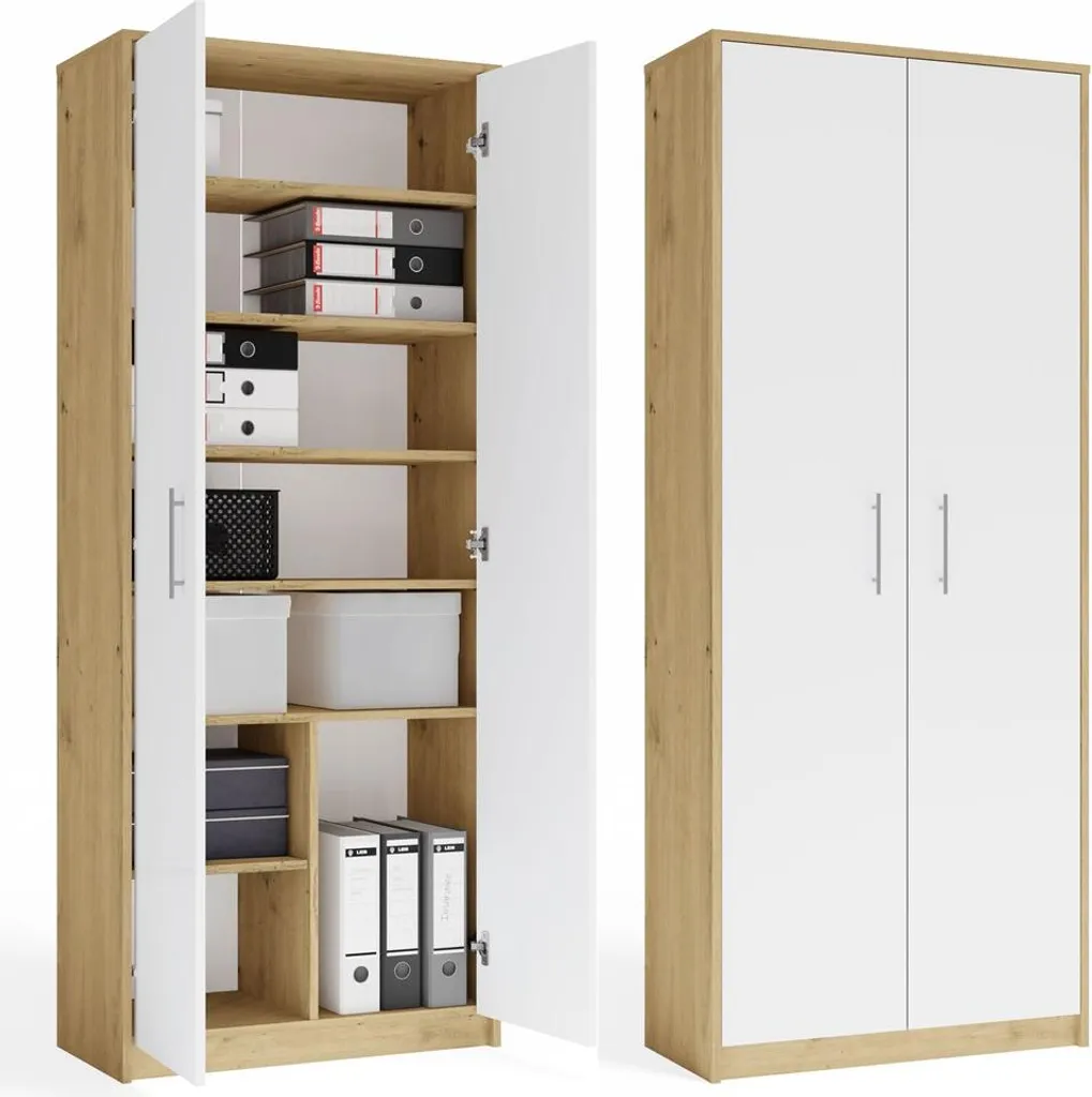 Étagère de bureau OLIV 2D avec 2 portes en chêne et blanc moderne