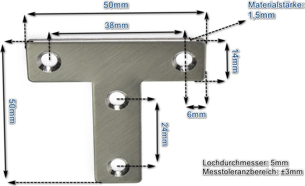 Edelstahl T-Verbinder 50x50x14mm (VE 10Stk) 3x einsetzbar als Lochwinkel, Metallwinkel, Balkenwinkel, Verbinder, Winkelverbinder