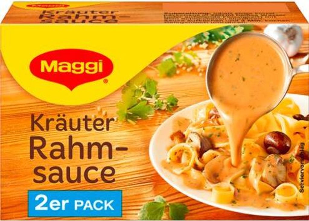 A box of Maggi Kräuter Rahm Sauce with a serving suggestion of pasta with sauce being poured from a ladle.