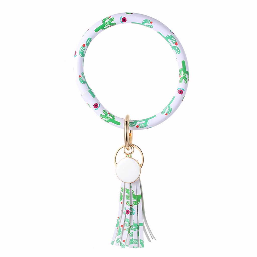 Damen Kunstleder O Schlüsselanhänger Kreis Quaste Armband Schlüsselanhänger Schlüsselanhänger Armreif-Grüner Kaktus