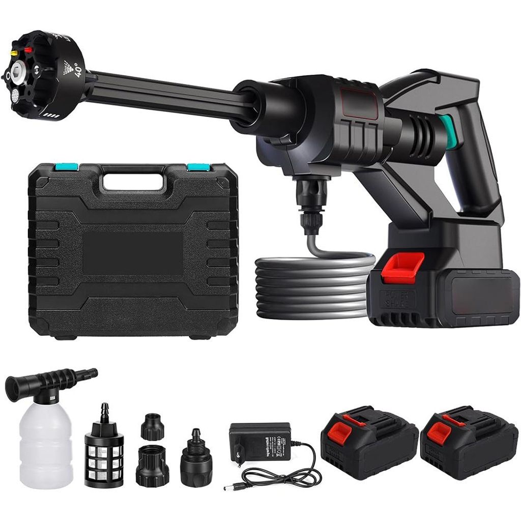 Akku Hochdruckreiniger, 55 Bar Tragbarer Hochdruckreiniger mit 3000mAh Akku, 6-in-1 Multi-Sprühdüse 5M Schlauch für Auto, Terrasse, Garten, Zaun...