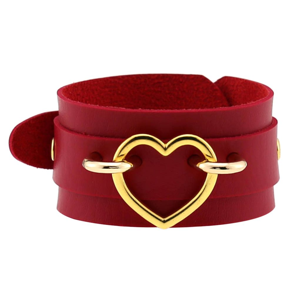 Punk Frauen Herz Ring Doppelschicht Kunstleder Armband Armreif Schmuck Geschenk-Rot