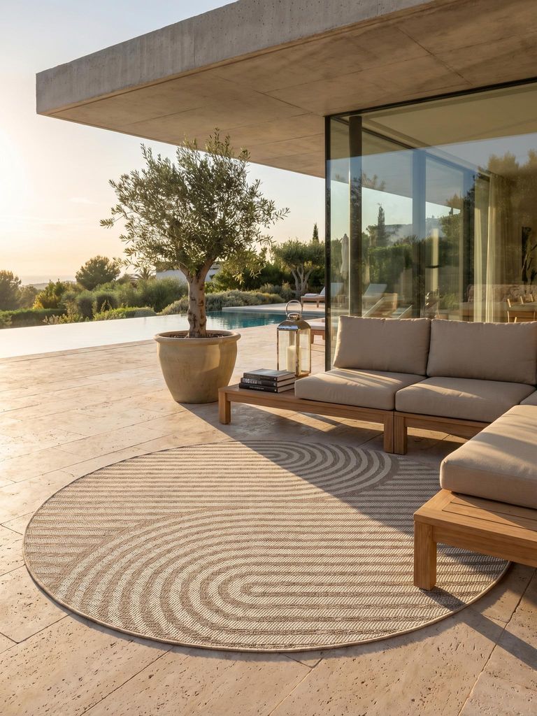 Outdoor Teppich Boho-Bögen Wetterfest Waschbar Strapazierfähig | Beige 120x120 Fußbodenheizung | VENTOUX – Kadima Design