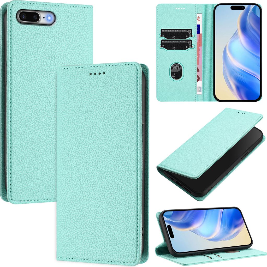 Litchi Leder Handyhülle für iPhone 6s Plus / 7 Plus / 8 Plus Wallet Kartenfächer Standfunktion Hülle Türkis