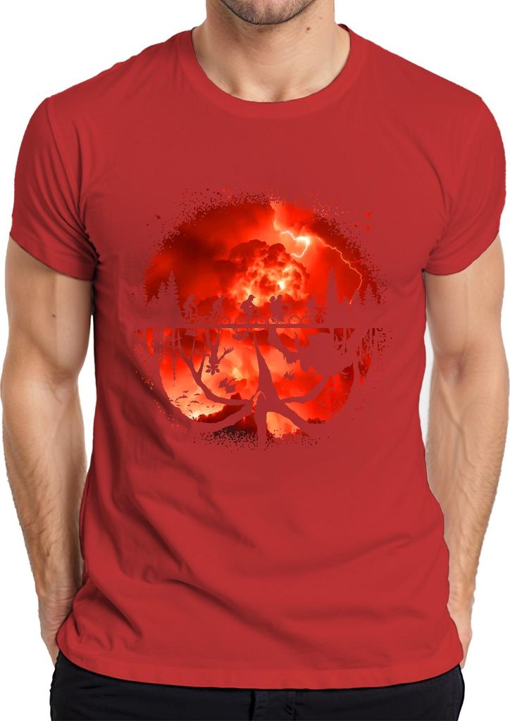 Upside Down Kinder auf Fahrrädern Monster Horror 80er Retro Herren T-Shirt, Rot, 3XL