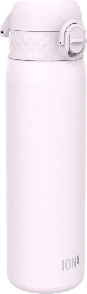 A close-up studio shot of a light pink water bottle.