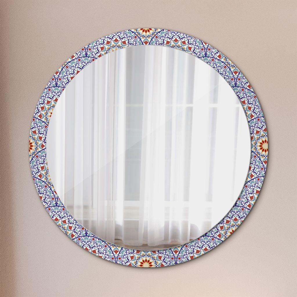 Ø100cm Spiegel - Glasrahmen mit Aufdruck - Wandspiegel Schlafzimmer - orientalisch bunt Komposition