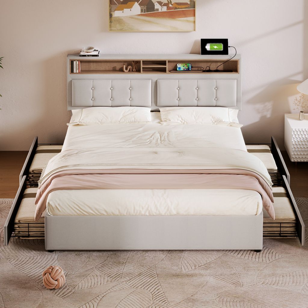 A bed with a headboard featuring storage and charging ports, set up in a bedroom with a rug and a nightstand.