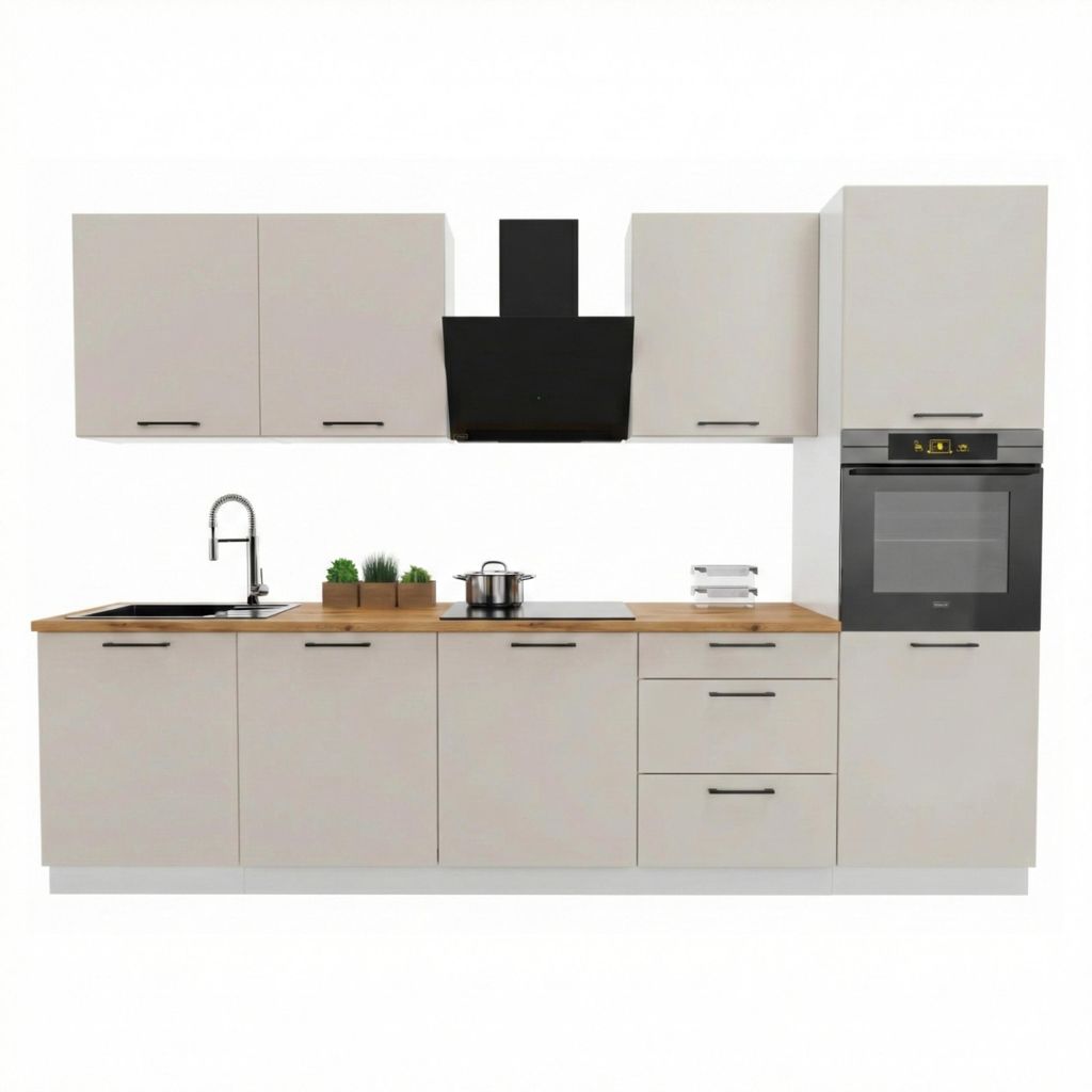 Küchenzeile 300 cm - Beige Matt - mit brauner Arbeitsplatte - mit Hochschrank - Scharniere mit Softclose-Funktion - MDF - DENIS