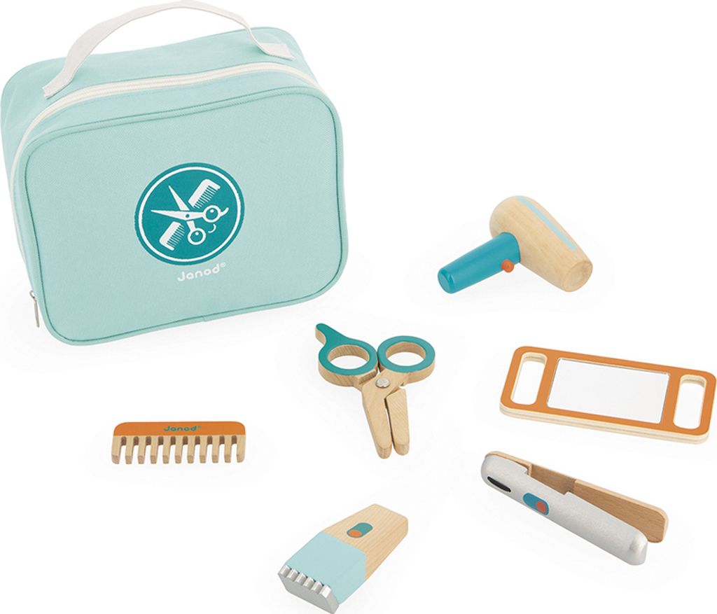 Janod - Holz Friseur Spielzeug Set im Aufbewahrungskoffer - 6-teiliges Set