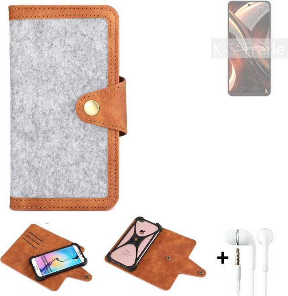 K-S-Trade Handyhülle + Kopfhörer kompatibel mit UMIDIGI A13 Pro Max 5G Schutzhülle Filz Hülle Kunstleder hellgrau braun (1x)