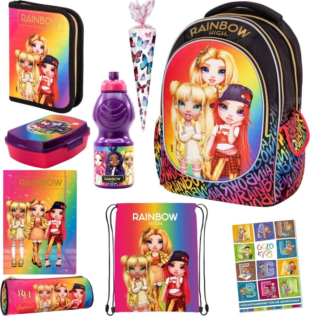 Set 9er Schulranzen Ranzen Federmappe Turnbeutel Aufgabenheft Zuckertüte Aktenmappe Rainbow High Motiv geeignet ab der ersten Klasse der Grundschule