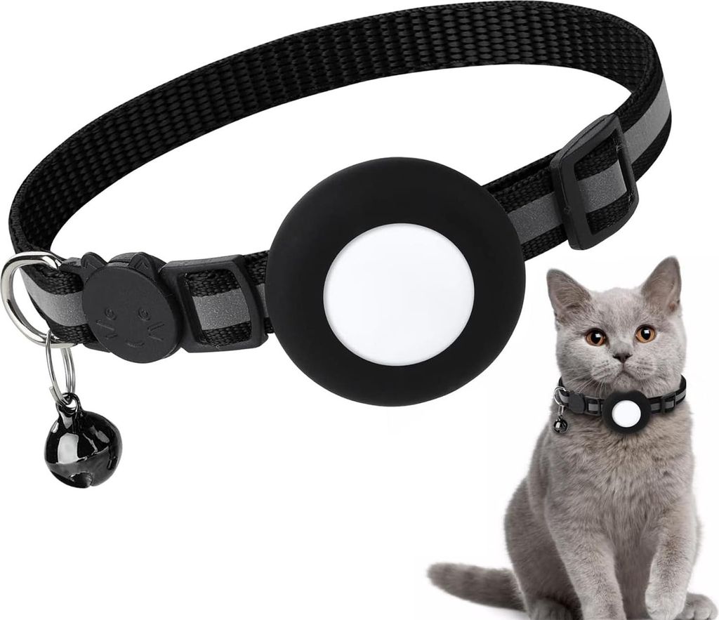 Katzenhalsband, Katzenhalsband mit AirTag, verstellbares reflektierendes Katzenhalsband für Katzen, Kätzchen und kleine Hunde (schwarz)