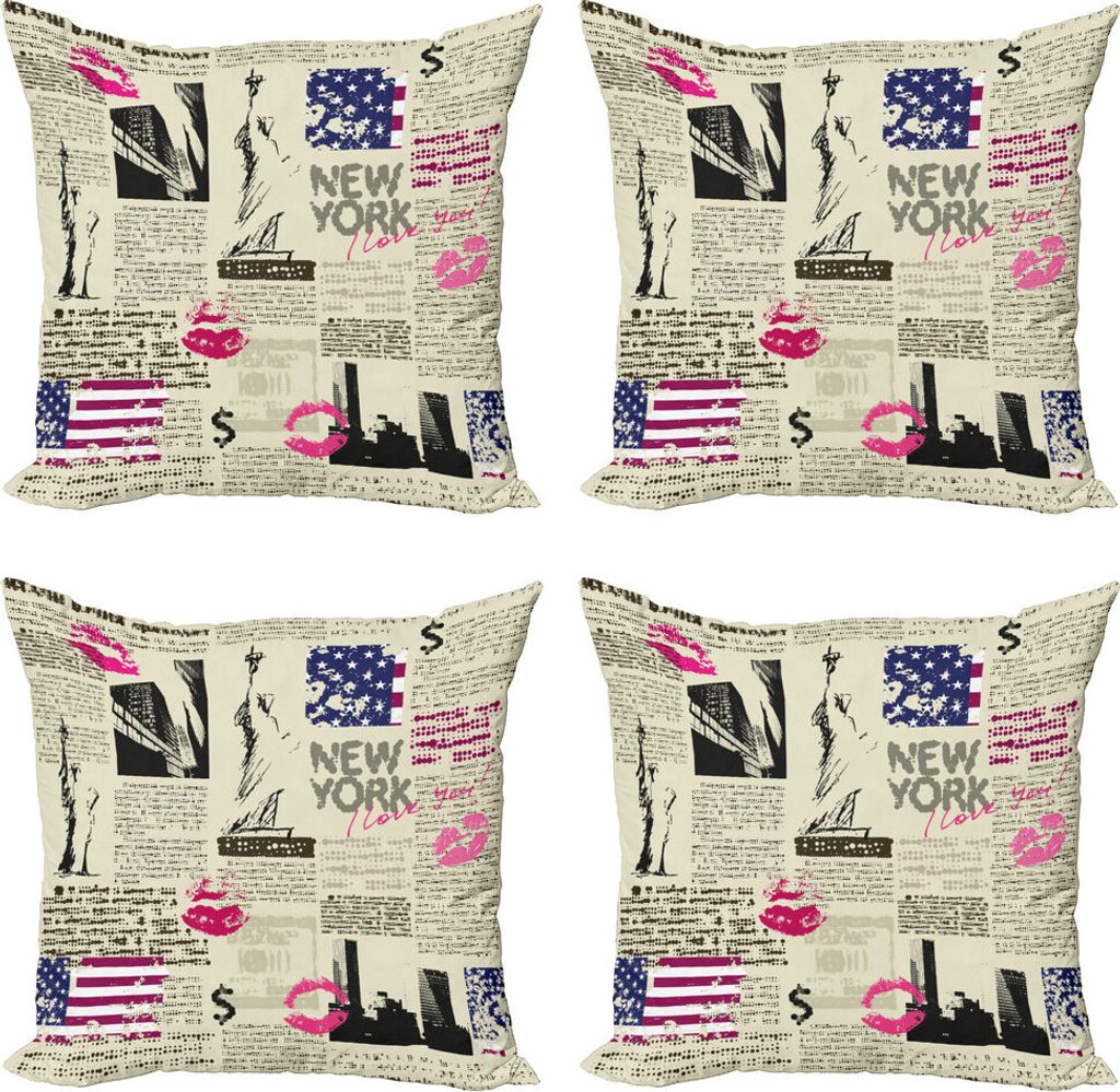 ABAKUHAUS Vereinigte Staaten Kissenbezug Set (4 Stück), NYC Zeitung, Moderner Doppelseitiger Digitaldruck, 60 cm x 60 cm, Mehrfarbig