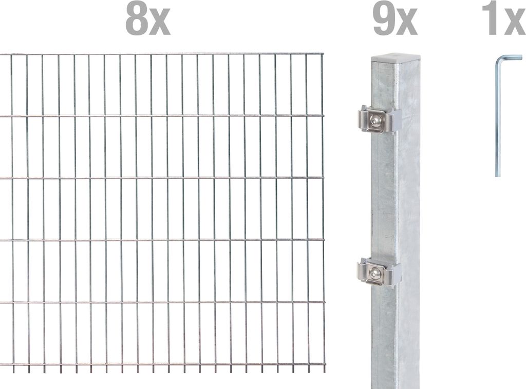 Alberts Doppelstabmatten Zaun, Höhe 160 cm, Länge 16 m, Zaun-Komplettset zum Einbetonieren, feuerverzinkt, Pfosten 60x40 mm