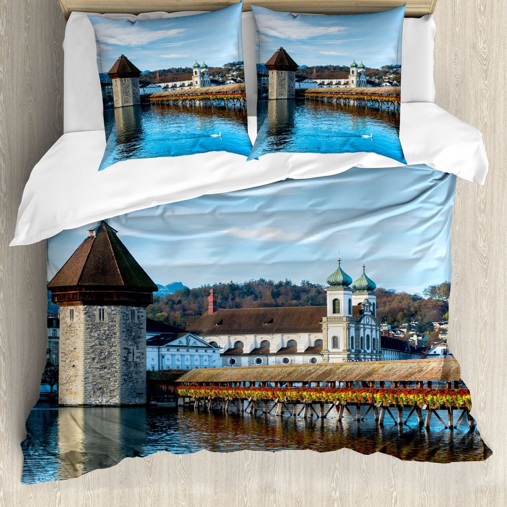 ABAKUHAUS Landschaft Bettbezug, Europäische Stadtbrücke, Milbensicher Allergiker geeignet mit Kissenbezügen, 200 cm x 200 cm - 80 x 80 cm, blau,...