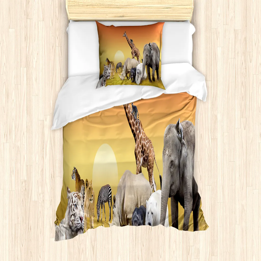 Set copripiumino ABAKUHAUS Safari per letti singoli, animali selvatici al tramonto, antiacaro, adatto a chi soffre di allergie, con federa, 135 cm x 200 cm - 80 x 80 cm, pesca scura senape