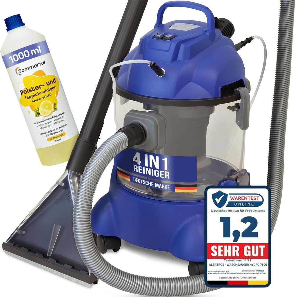 Waschsauger Polster + Teppich HYDRO 7500 inkl. 1l Shampoo - 4in1 Nass Trockensauger 1200 Watt 20l Volumen 16 kPa Saugleistung - Polsterreiniger Rei...