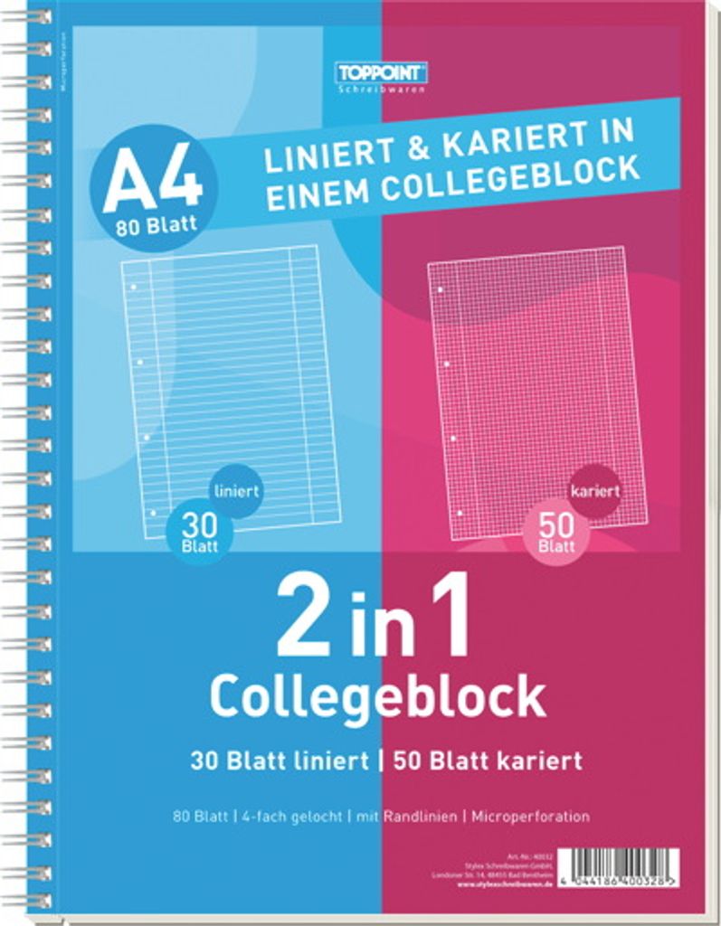 5x Duo Collegeblock DIN A4 50 Bl. kariert 30 Bl liniert Produktbild 