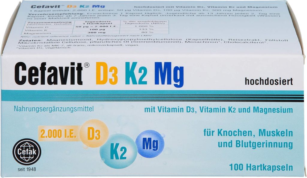 Cefavit 2000 I.E. D3 K2 Mg Kapseln für Knochen und Muskeln, Produktbild 