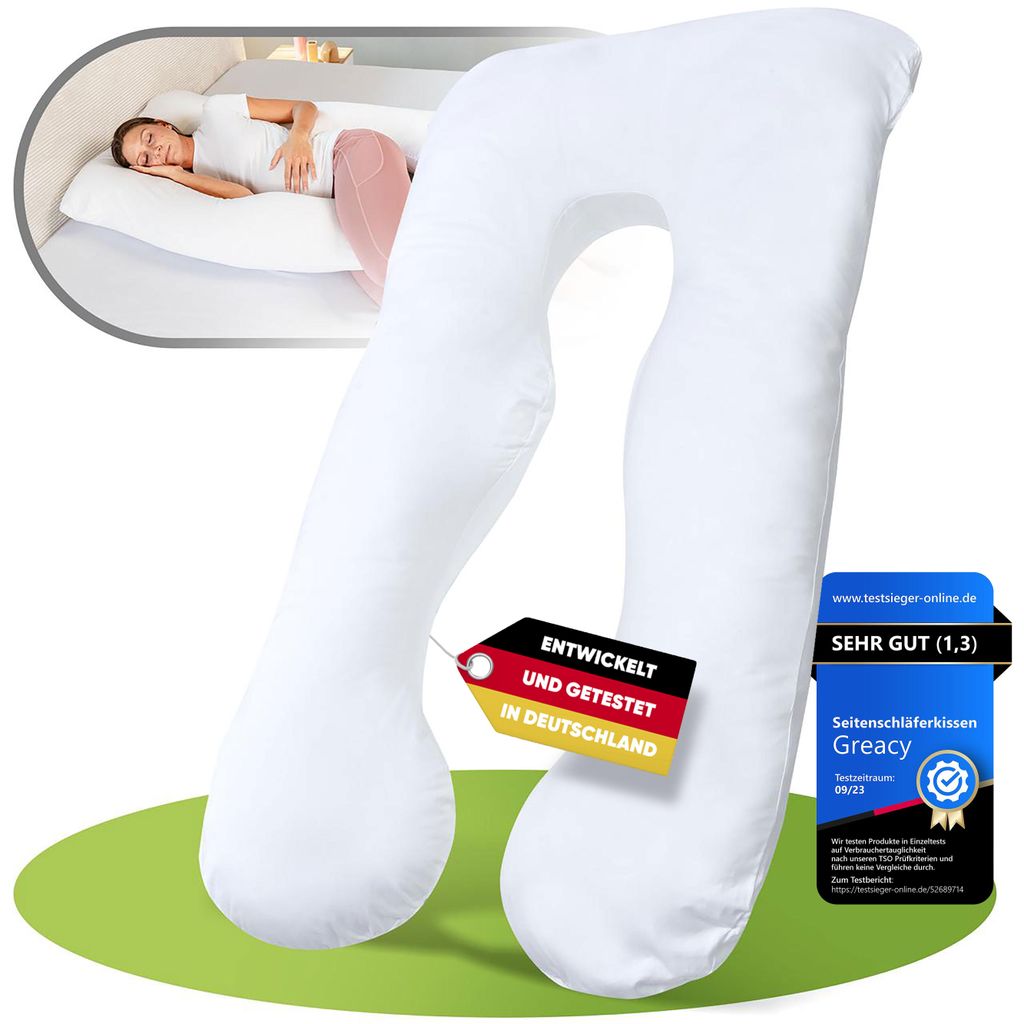 Greacy Amelie Seitenschläferkissen mit Bezug - Stillkissen XXL, Schwangerschaftskissen, Kissen, Body Pillow, Komfortkissen (Weiß)
