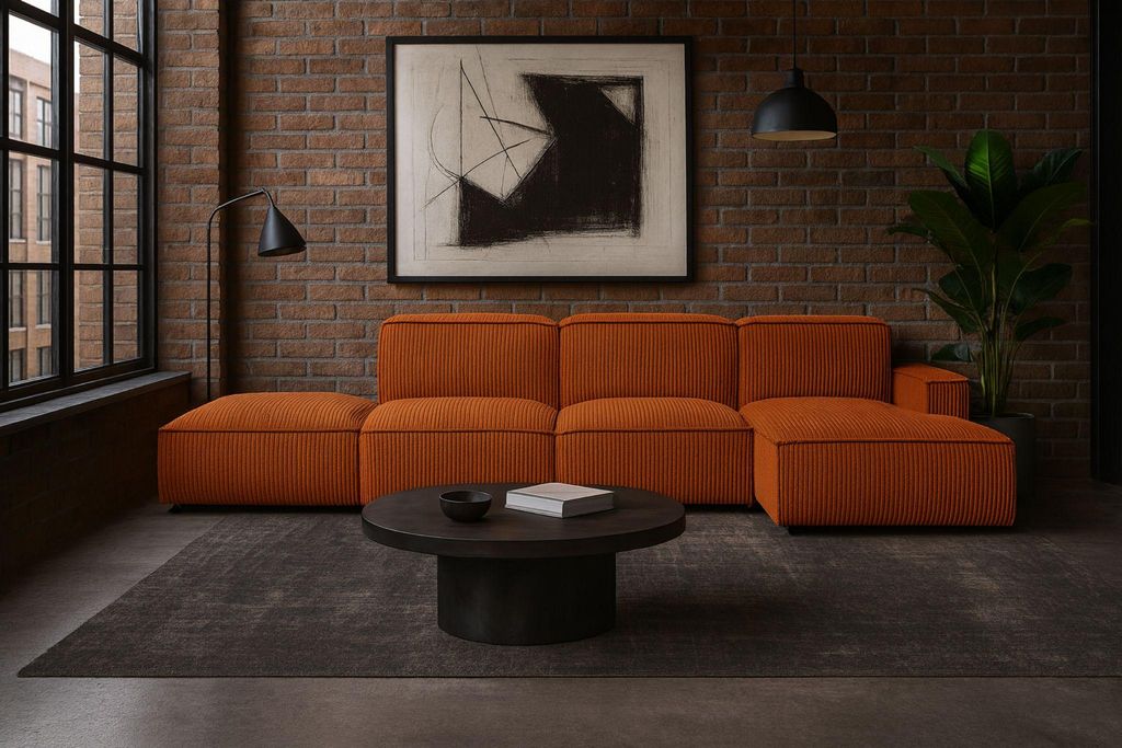 Kaiser Möbel Ecksofa Cursal L-Form, Stoff Poso, Kupfer + Hocker, Rechts