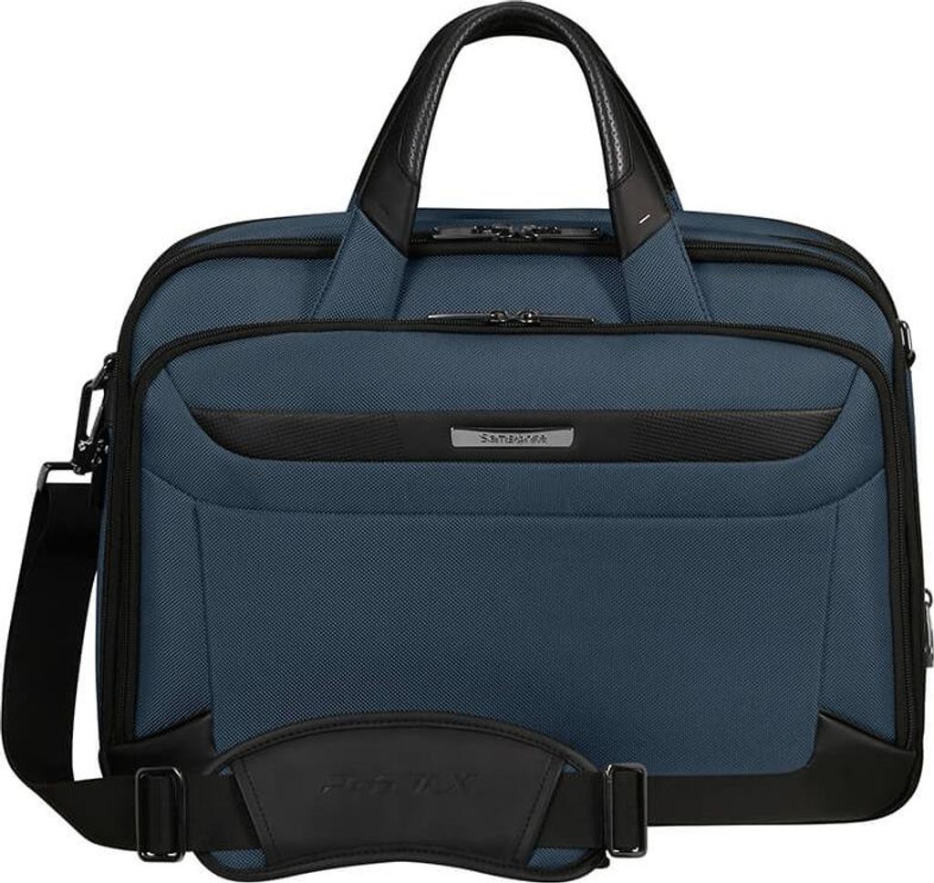 A blue Samsonite briefcase is shown from the front against a white background.