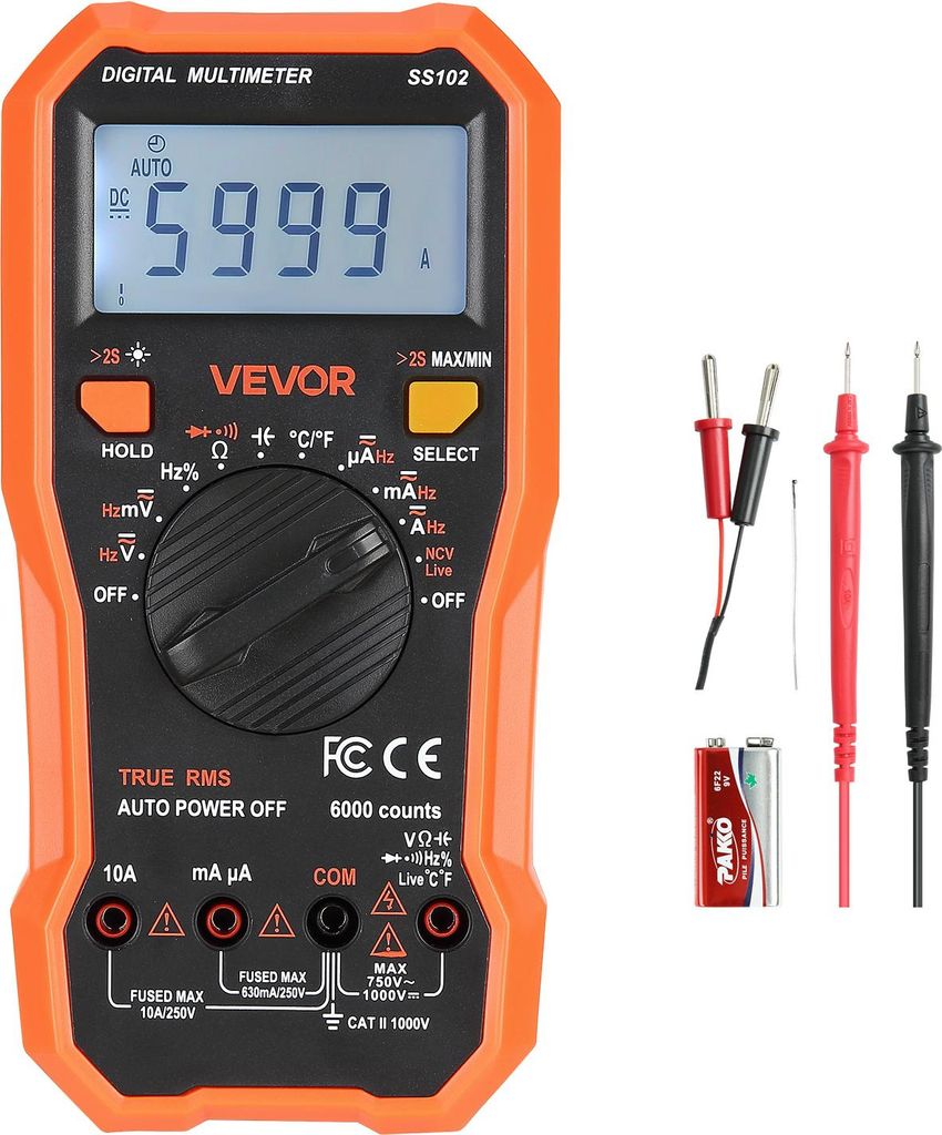 VEVOR Digitalmultimeter, 6000-Count TRMS DC/AC Voltmeter Stromtester, professionelles NCV-Multimeter für Strom, Spannung, Widerstand, Kapazität, ...