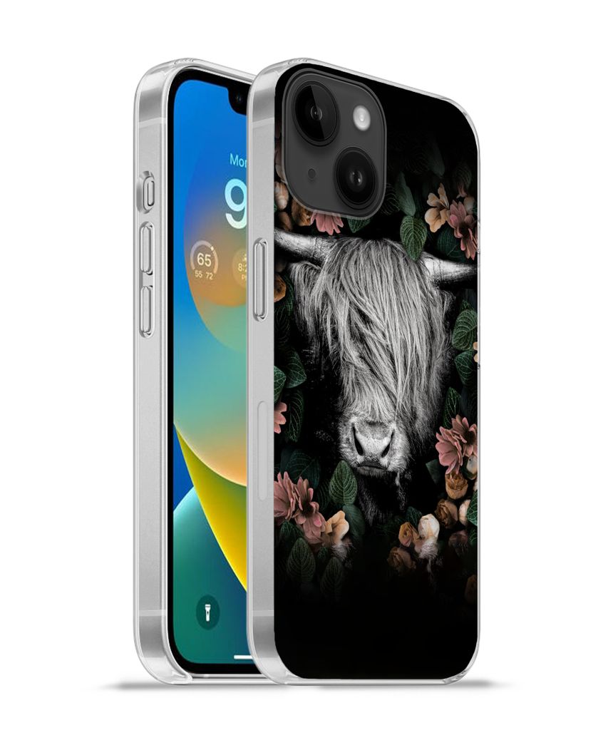 MuchoWow Handyhülle Schutzhülle Hülle für Apple iPhone 14 - Softcase Schottischer Highlander - Blumen - Rosa Silikon Softcase Handy Hülle - ...