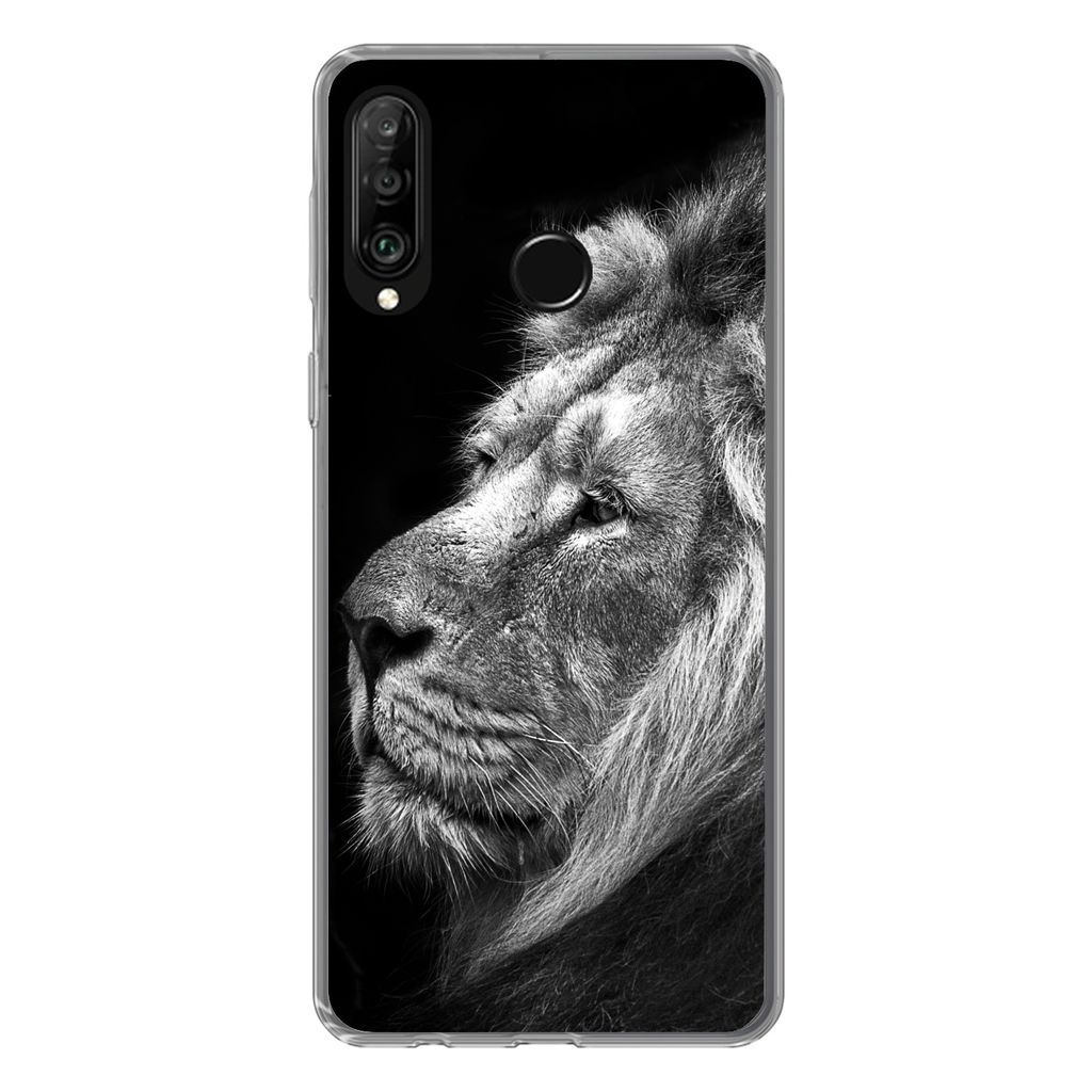 MuchoWow Handyhülle Schutzhülle Hülle für Huawei P30 Lite Löwe vor schwarzem Hintergrund in schwarz und weiß Silikon Softcase Handy Hülle ...
